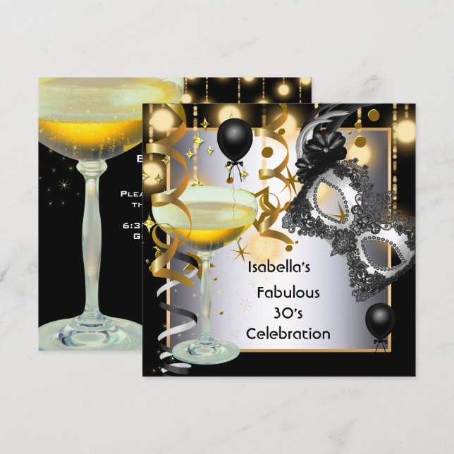 Invitación Fiesta Fabulous Silver Mask Gold Lights (Anverso / Reverso)