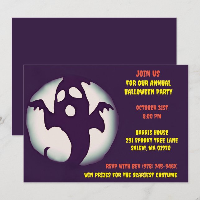 Invitación Fiesta fantasma de Halloween blanco y negro (Anverso / Reverso)
