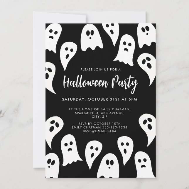 Invitación Fiesta fantasma de Halloween blanco y negro (Anverso)
