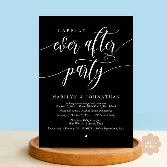 Invitación Fiesta Felices Para Siempre Boda Moderna Huir De B (Happily Ever After Party Modern Wedding Elopement Dinner Lunch Brunch Invites Card PDF Black White)