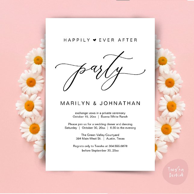 Invitación Fiesta Felices para Siempre Cena de Boda a Escondi (Happily Ever After Party Wedding Elopement Romantic Dinner Brunch Invitation Card PDF White Black)