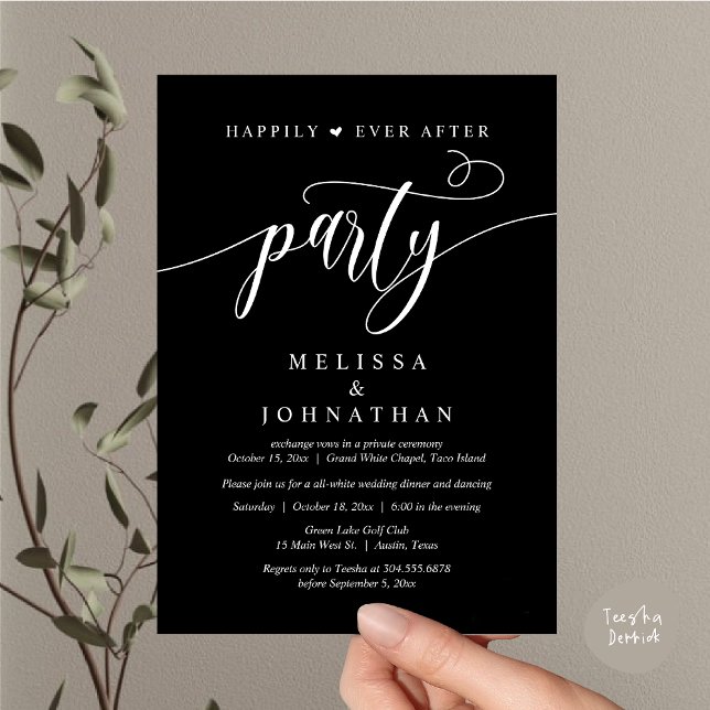 Invitación Fiesta Felices para Siempre, Cena de Boda Baile (Happily Ever After Dinner, Wedding Party Dancing Invitation Card PDF Modern Romantic Classy Black)