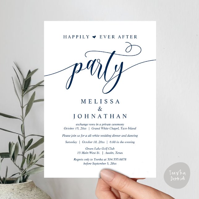 Invitación Fiesta Felices para Siempre, Cena de Boda Baile (Happily Ever After Dinner, Wedding Party Dancing Invitation Card PDF Modern Romantic Navy Blue)