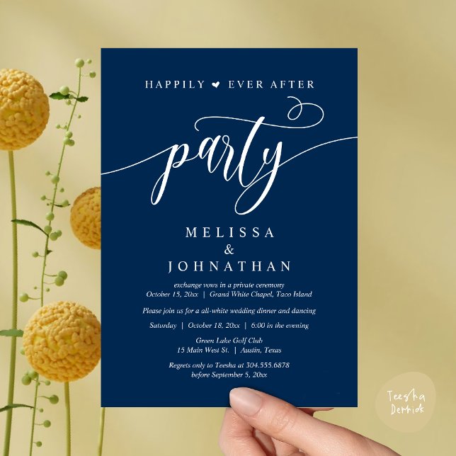 Invitación Fiesta Felices para Siempre, Cena de Boda Baile (Happily Ever After Dinner, Wedding Party Dancing Invitation Card PDF Modern Romantic Navy Blue)