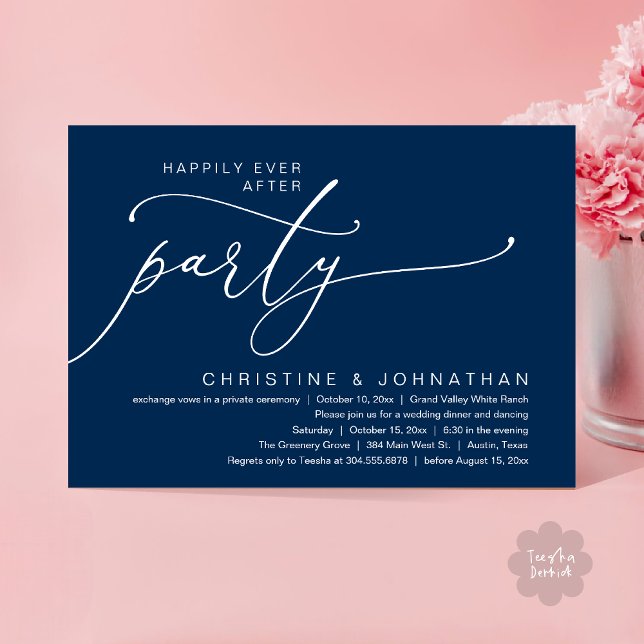 Invitación Fiesta Felices para Siempre, Cena de Boda Baile (Happily Ever After Party, Romantic Modern Elopement Dinner Dancing Invites Card PDF Navy Blue)