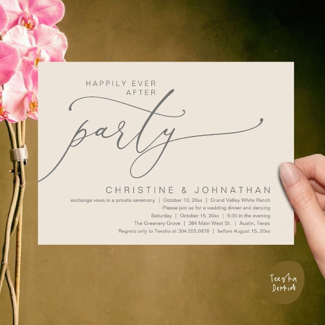 Invitación Fiesta Felices para Siempre, Cena de Boda Baile (Happily Ever After Party, Romantic Modern Elopement Dinner Dancing Invites Card PDF Cream Grey)