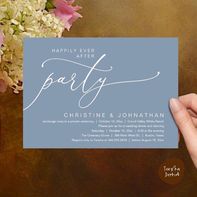 Invitación Fiesta Felices para Siempre, Cena de Boda Baile (Happily Ever After Party, Romantic Modern Elopement Dinner Dancing Invites Card PDF Dusty Blue)