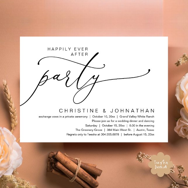 Invitación Fiesta Felices Para Siempre, Cena de Boda con Bail (Happily Ever After Party, Romantic Modern Elopement Dinner Dancing Invites Card PDF Black White)