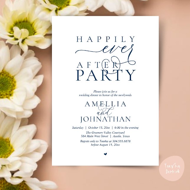 Invitación Fiesta Felices para Siempre Cena de Boda con Evasi (Happily Ever After Party Wedding Elopement Dinner Invitation Card in Navy Blue)