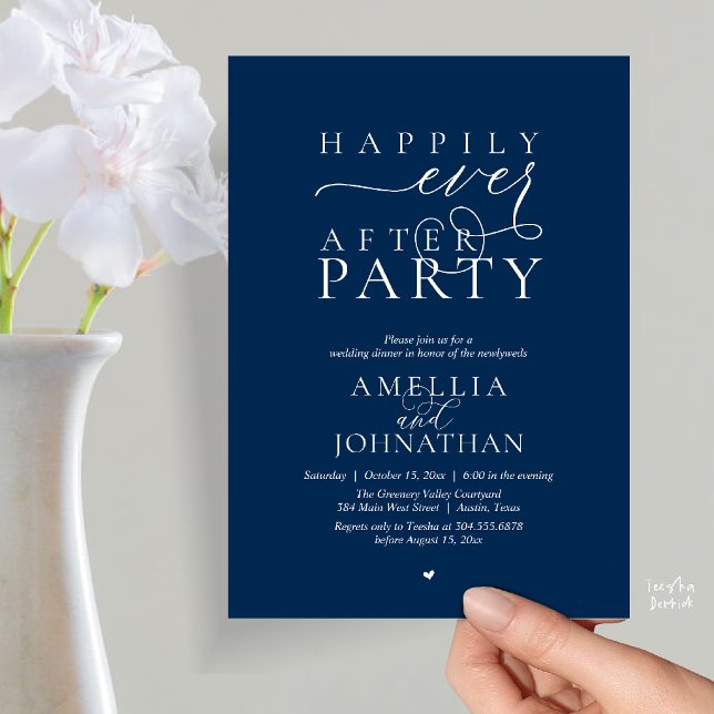 Invitación Fiesta Felices para Siempre Cena de Boda con Fuga (Happily Ever After Party Wedding Elopement Dinner Invitation Card in Navy Blue)