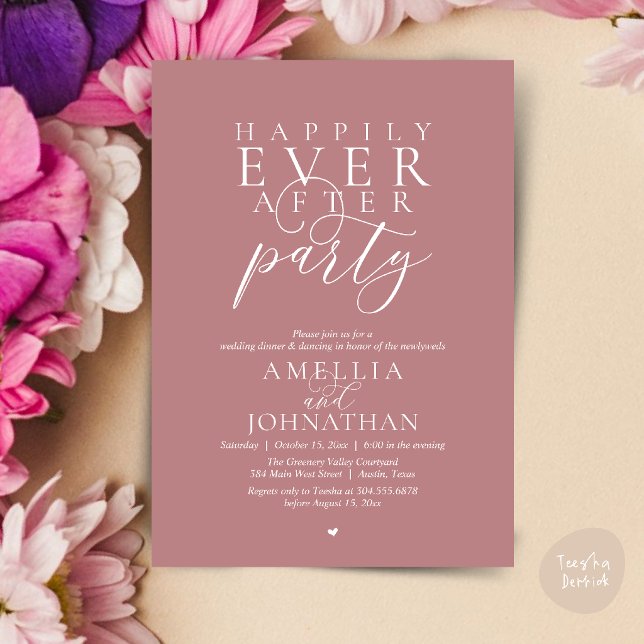 Invitación Fiesta Felices para Siempre Cena de Boda con Huida (Happily Ever After Party Wedding Elopement Dinner Invitation Card in Dusty Rose Pink)