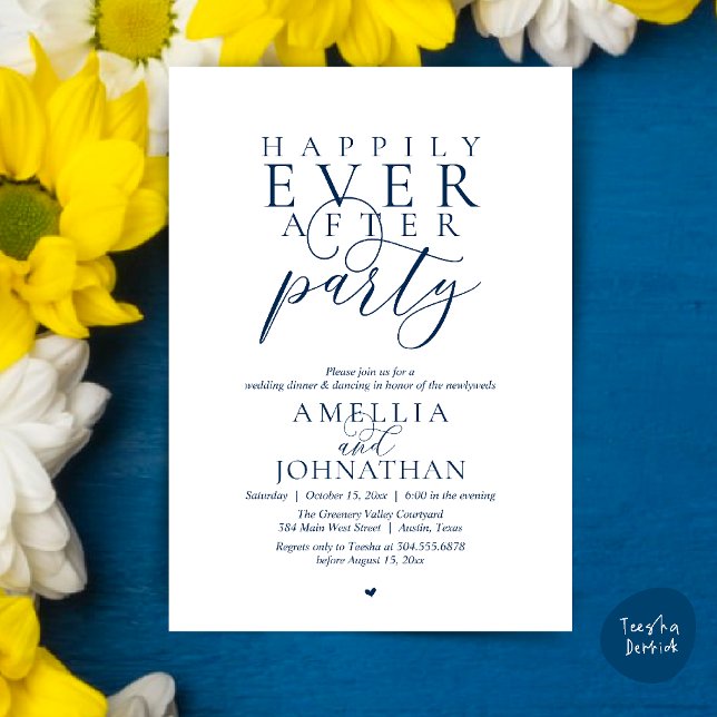 Invitación Fiesta Felices para Siempre Cena de Boda con Huida (Happily Ever After Party Wedding Classy Elopement Dinner Invitation Card in Navy Blue)