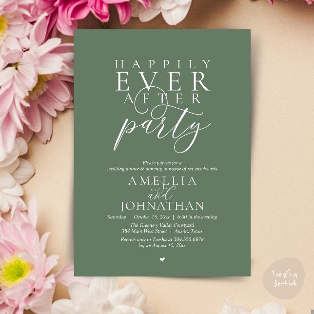 Invitación Fiesta Felices para Siempre Cena de Boda con Huida (Happily Ever After Party Wedding Elopement Dinner Invitation Card in Sage Green)