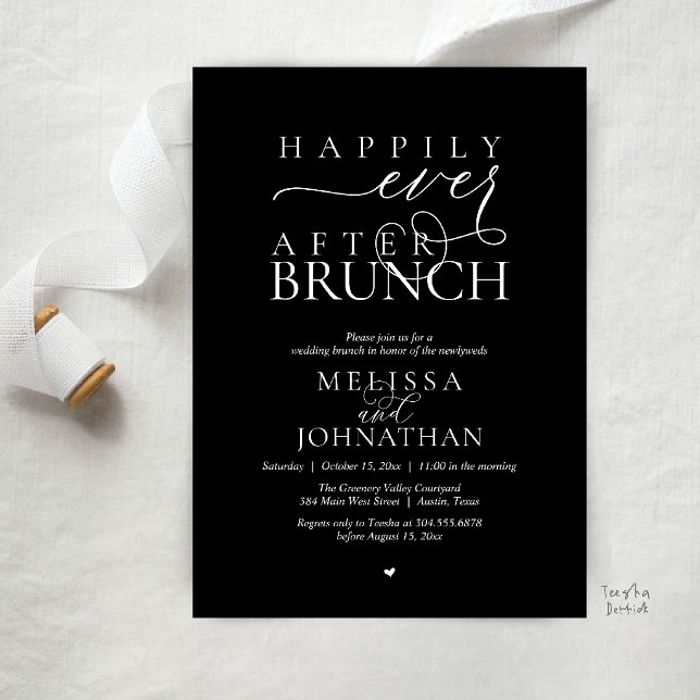 Invitación Fiesta Felices para Siempre Cena de Boda con Huida (Happily Ever After Brunch Wedding Elopement Celebration Invitation Card in Classy Black)