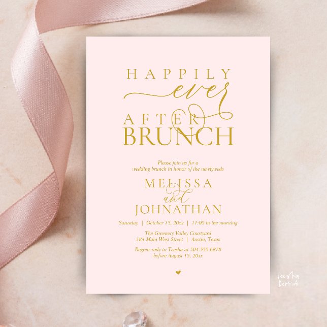 Invitación Fiesta Felices para Siempre Cena de Boda con Huida (Happily Ever After Brunch Wedding Elopement Celebration Invitation Card in Gold Blush Pink)