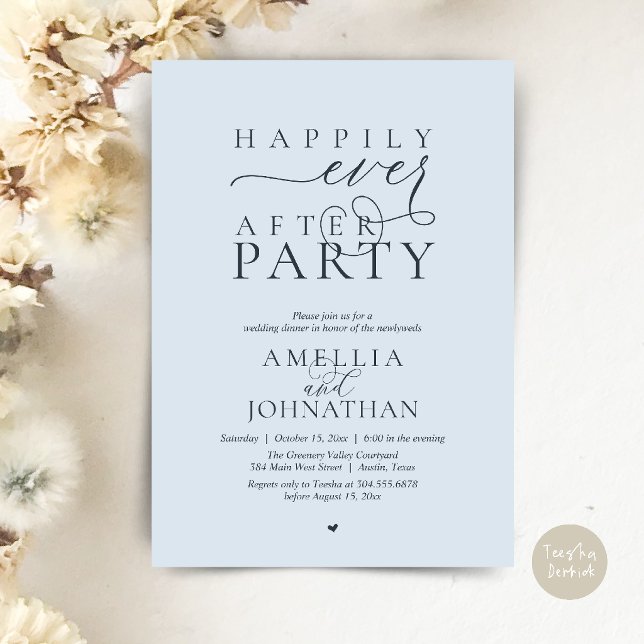 Invitación Fiesta Felices para Siempre Cena de Boda con Huida (Happily Ever After Party Wedding Elopement Dinner Invitation Card in Misty Blue)