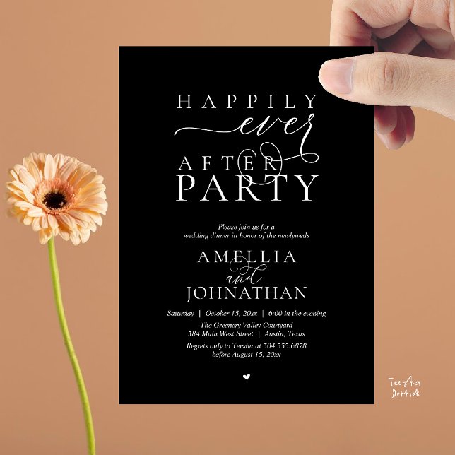 Invitación Fiesta Felices para Siempre Cena de Boda con Huida (Happily Ever After Party Wedding Elopement Dinner Invitation Card in Classy Black)