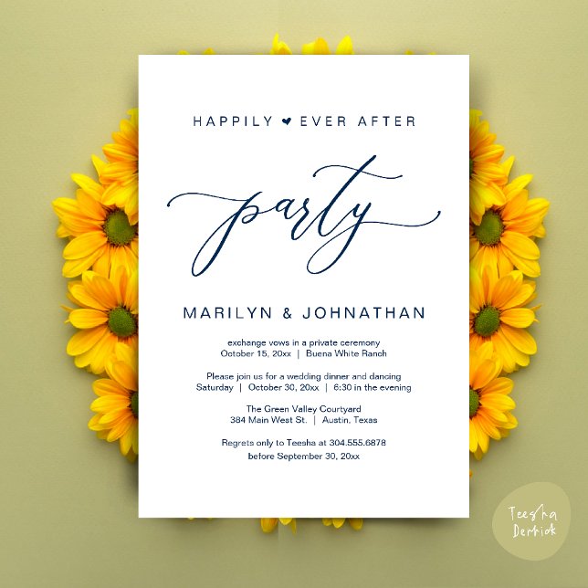 Invitación Fiesta Felices para Siempre Cena de Boda con Huida (Happily Ever After Party Wedding Elopement Romantic Dinner Brunch Invitation Card PDF Navy Blue)