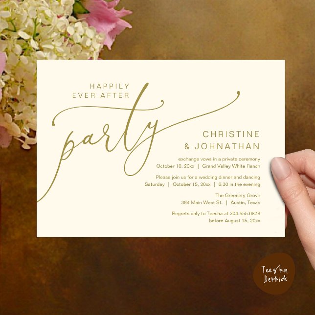 Invitación Fiesta Felices para Siempre, Cena de Boda en Intim (Happily Ever After Party, Romantic Modern Elopement Dinner Dancing Invites Card PDF Yellow Gold)