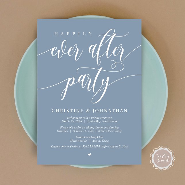 Invitación Fiesta Felices para Siempre, Cena de Boda Intima (Happily Ever After Party, Wedding Elopement Dinner Invitation Card, PDF, in Dusty Blue)