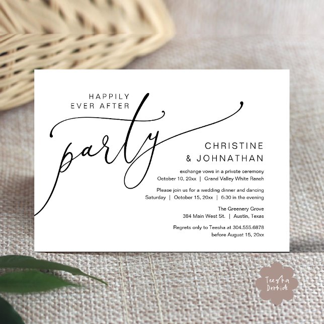 Invitación Fiesta Felices para Siempre, Cena de Boda Intima c (Happily Ever After Party, Romantic Modern Elopement Dinner Dancing Invites Card PDF Black White)