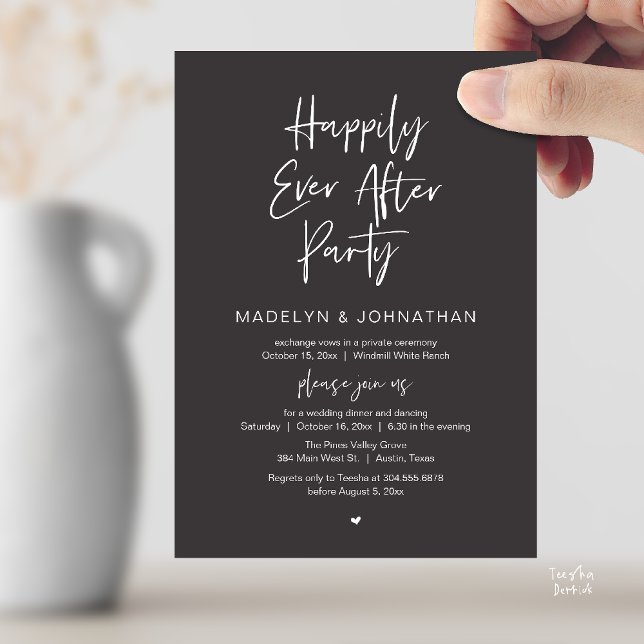 Invitación Fiesta Felices para Siempre, Cena de Boda Moderna (Happily Ever After Party, Modern Wedding Reception Dinner Invitation card in charcoal grey)