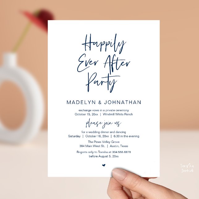 Invitación Fiesta Felices para Siempre, Cena de Boda Moderna (Happily Ever After Party, Modern Wedding Reception Dinner Invitation card in navy blue)