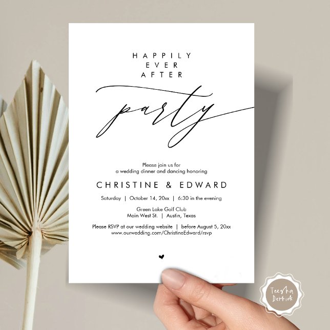Invitación Fiesta Felices Para Siempre, Cena de Boda Moderna (Happily Ever After Party, Modern Minimalist Wedding Dinner Invitation Card, PDF, Black and White)
