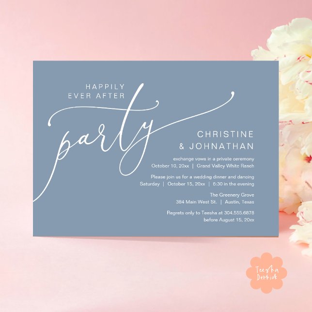 Invitación Fiesta Felices para Siempre, Cena de Boda Secreta  (Happily Ever After Party, Romantic Modern Elopement Dinner Dancing Invites Card PDF Dusty Blue)