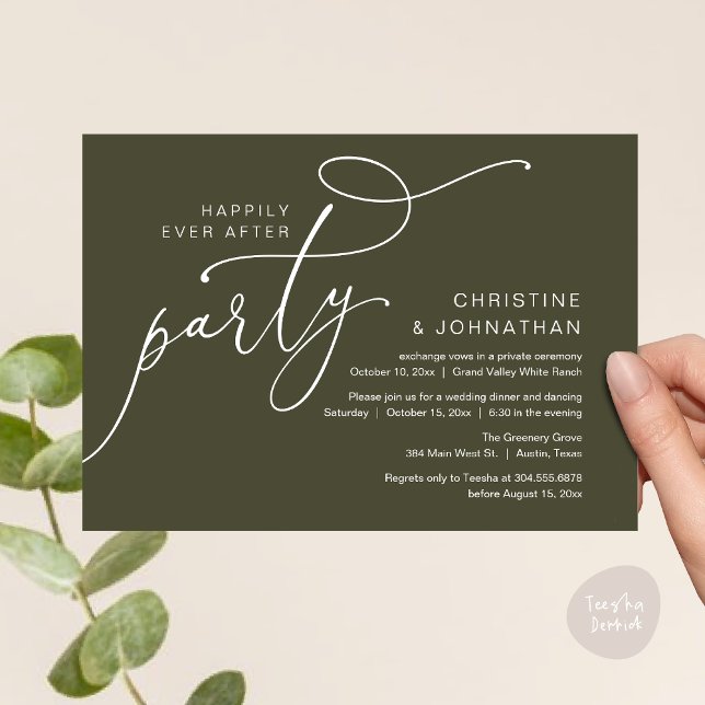 Invitación Fiesta Felices para Siempre, Cena Romántica con Ba (Happily Ever After Party, Romantic Modern Elopement Dinner Dancing Invites Card PDF Olive Green)