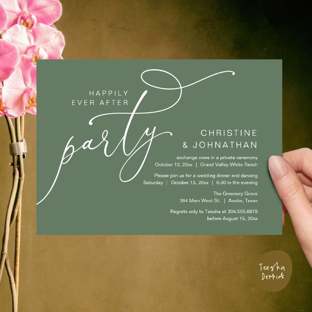 Invitación Fiesta Felices para Siempre, Cena Romántica con Ba (Happily Ever After Party, Romantic Modern Elopement Dinner Dancing Invites Card PDF Sage Green)