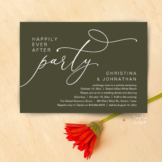 Invitación Fiesta Felices para Siempre, Cena Romántica de Bod (Happily Ever After Party, Romantic Wedding Dinner Invitation card in olive green)