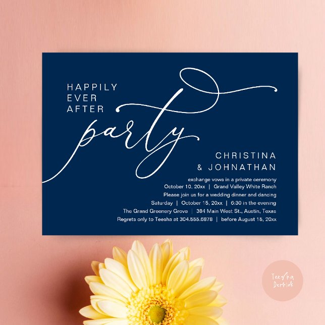 Invitación Fiesta Felices para Siempre, Cena Romántica de Bod (Happily Ever After Party, Romantic Wedding Dinner Invitation card in navy blue)