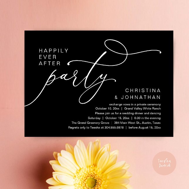 Invitación Fiesta Felices para Siempre, Cena Romántica de Bod (Happily Ever After Party, Romantic Wedding Dinner Invitation card in classy black)