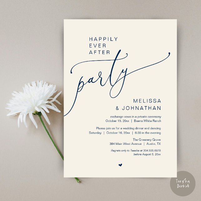 Invitación Fiesta Felices para Siempre Cena Romántica de Boda (Happily Ever After Party Romantic Wedding Dinner Invitation Card in Navy Blue and Ivory)