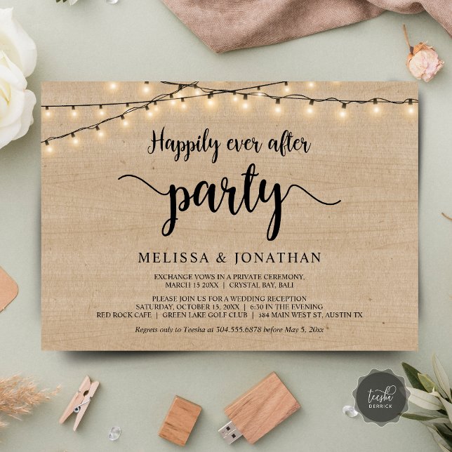 Invitación Fiesta Felices para Siempre, Elopement con Luces d (Happily Ever After party, Wedding Elopement Dinner Invites, String Lights Rustic Wood, downloadable)