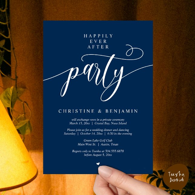 Invitación Fiesta Felices para Siempre, Guión Moderno (Happily Ever After Dinner Party, Modern Script Wedding Reception Invitation Card, PDF, Navy Blue)