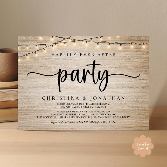 Invitación Fiesta Felices para Siempre, Luces de Cuerda Rústi (Happily Ever After Party, Rustic String Lights Wed Invitation Card, Dark Brown Wood Background)