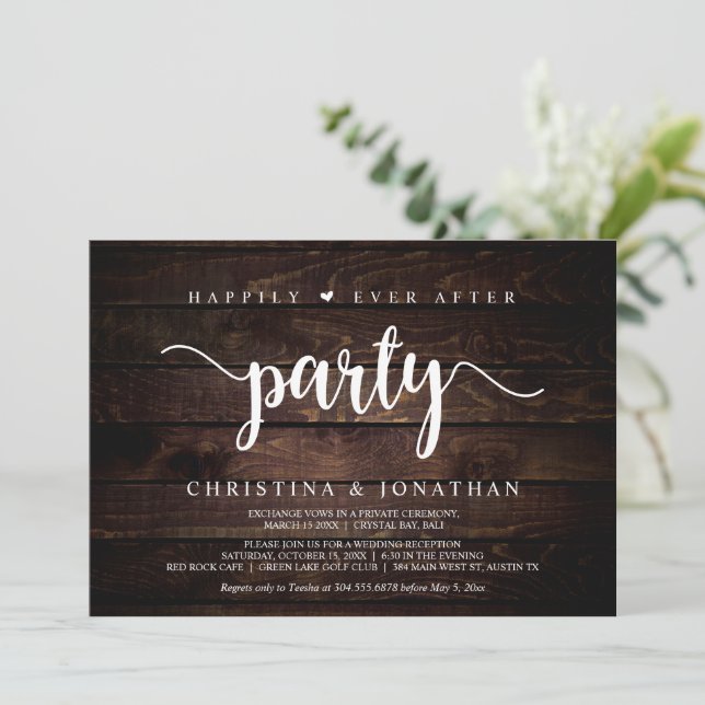 Invitación fiesta Felices para Siempre, Madera Rústica, Huida (Anverso de pie)