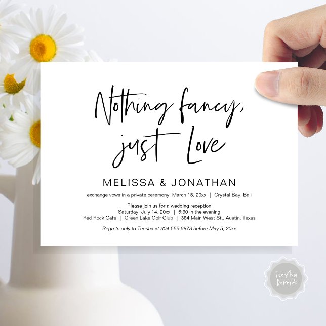 Invitación Fiesta Felices Para Siempre, Negro, Huida (Nothing Fancy Just Love, Wedding Elopement Dinner Party Invitation Card, PDF, Modern, Black White)