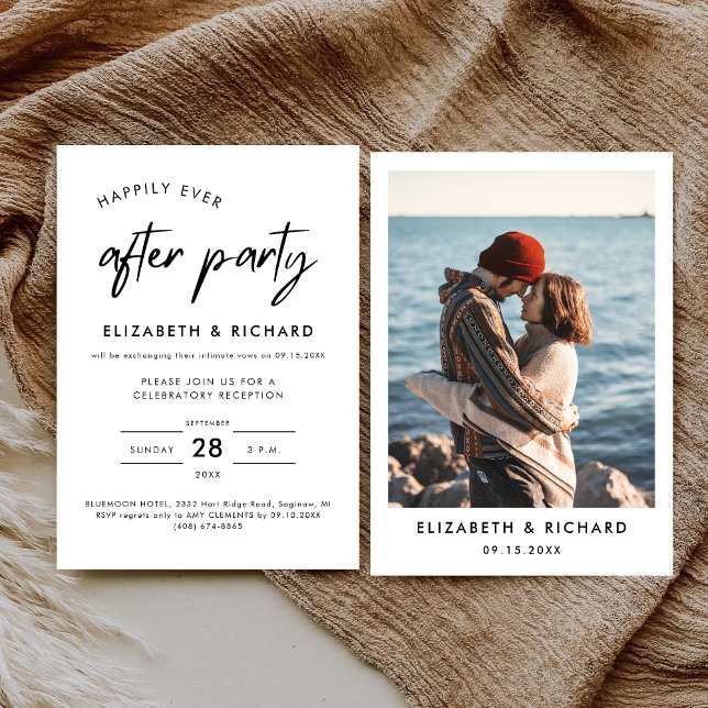 Invitación Fiesta Felices para Siempre Recepción de Boda Mini (Minimal happily ever after party invitation sets a romantic, joyful tone for your reception.)