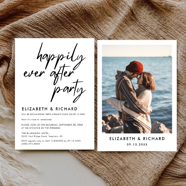 Invitación Fiesta Felices para Siempre Recepción de Boda Mini (Happily ever after party invitation sets a romantic, joyful tone for your wedding reception.)