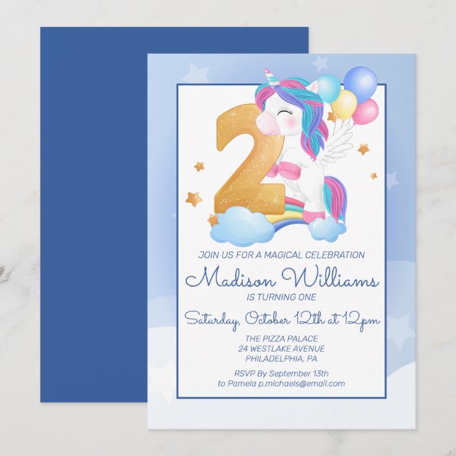 Invitación Fiesta Feliz Cumpleaños | 2.ª Pastel Unicornio (Anverso / Reverso)