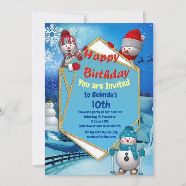 Invitación Fiesta Feliz Cumpleaños Snowman (Anverso)