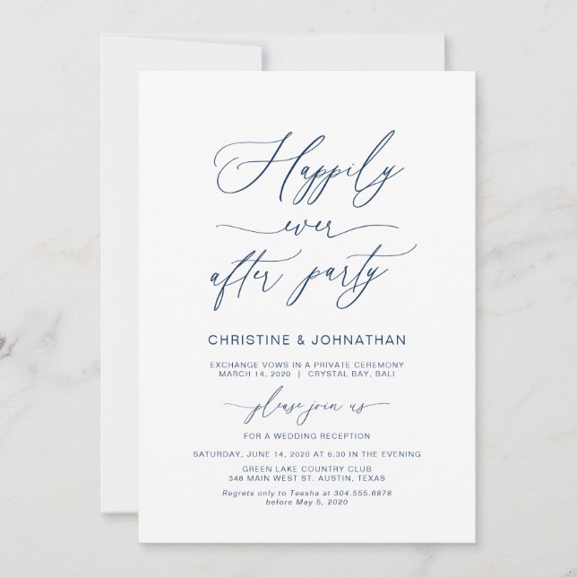 Invitación Fiesta Feliz Para Siempre, Azul Marino, Elopement (Anverso)