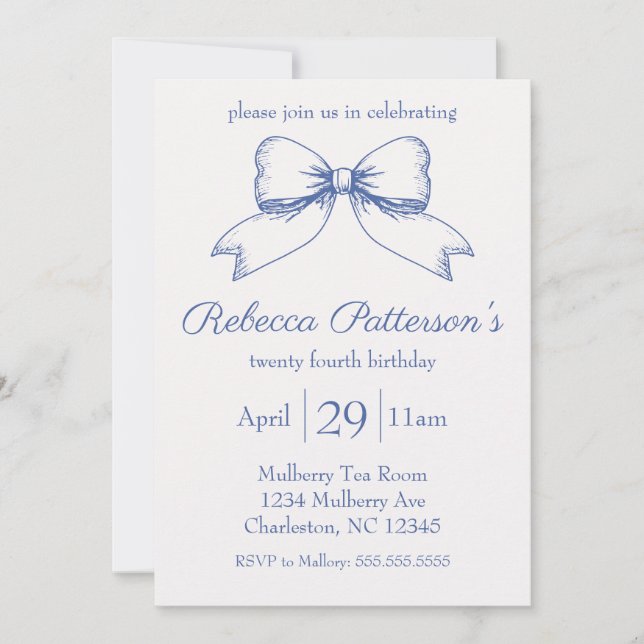 Invitación Fiesta femenina Coquette Blue Ribbon Bow (Anverso)