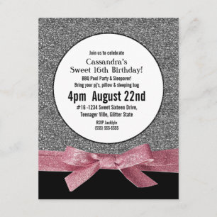 Invitación Fiesta femenino de la plata y purpurina del rosa