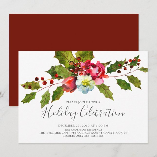 Invitación Fiesta feriada de Navidades florales (Anverso / Reverso)
