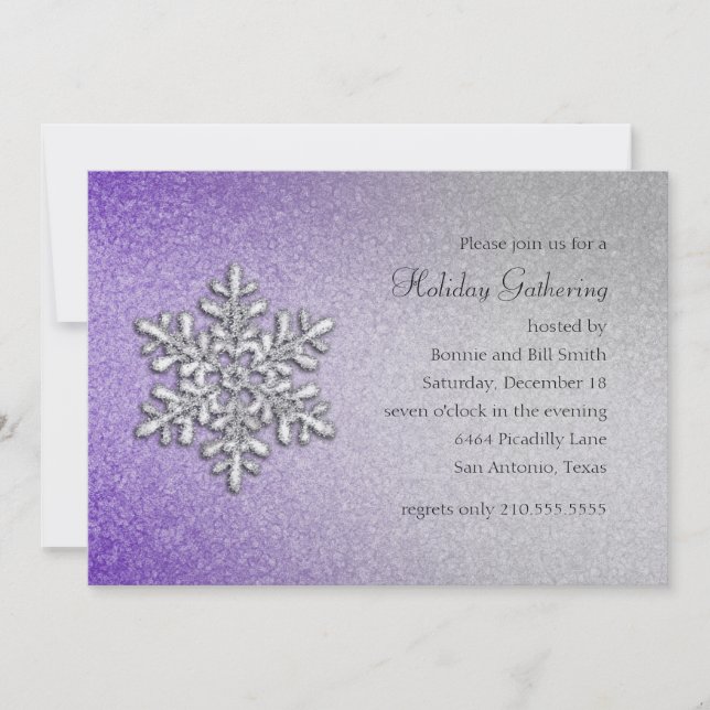 Invitación Fiesta feriado de copos de nieve morado y plateado (Anverso)