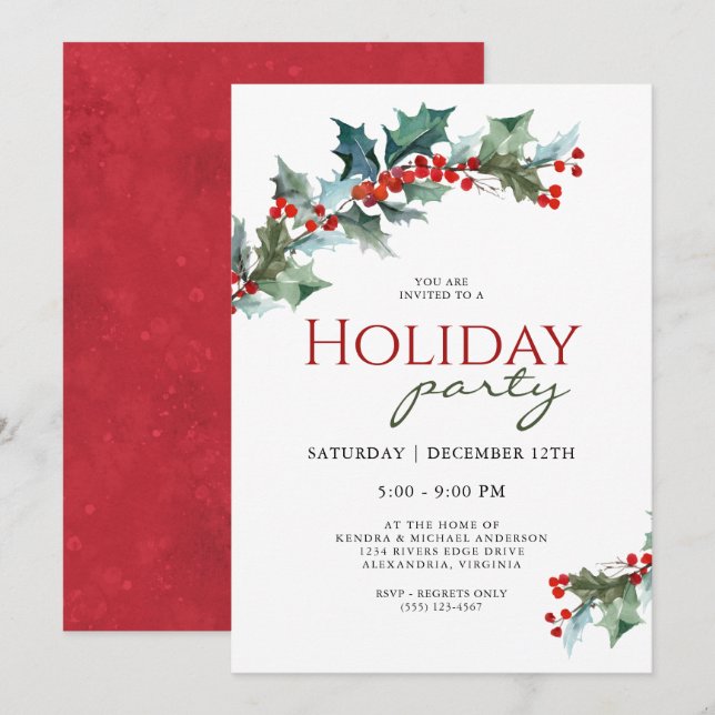 Invitación Fiesta festiva botánica de Holly (Anverso / Reverso)